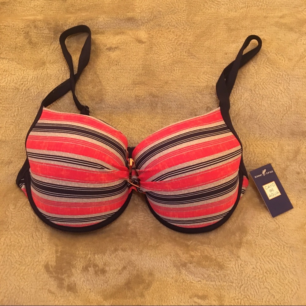 NWT Cayo de Agua pink blue gray striped bikini Size 14 D cup